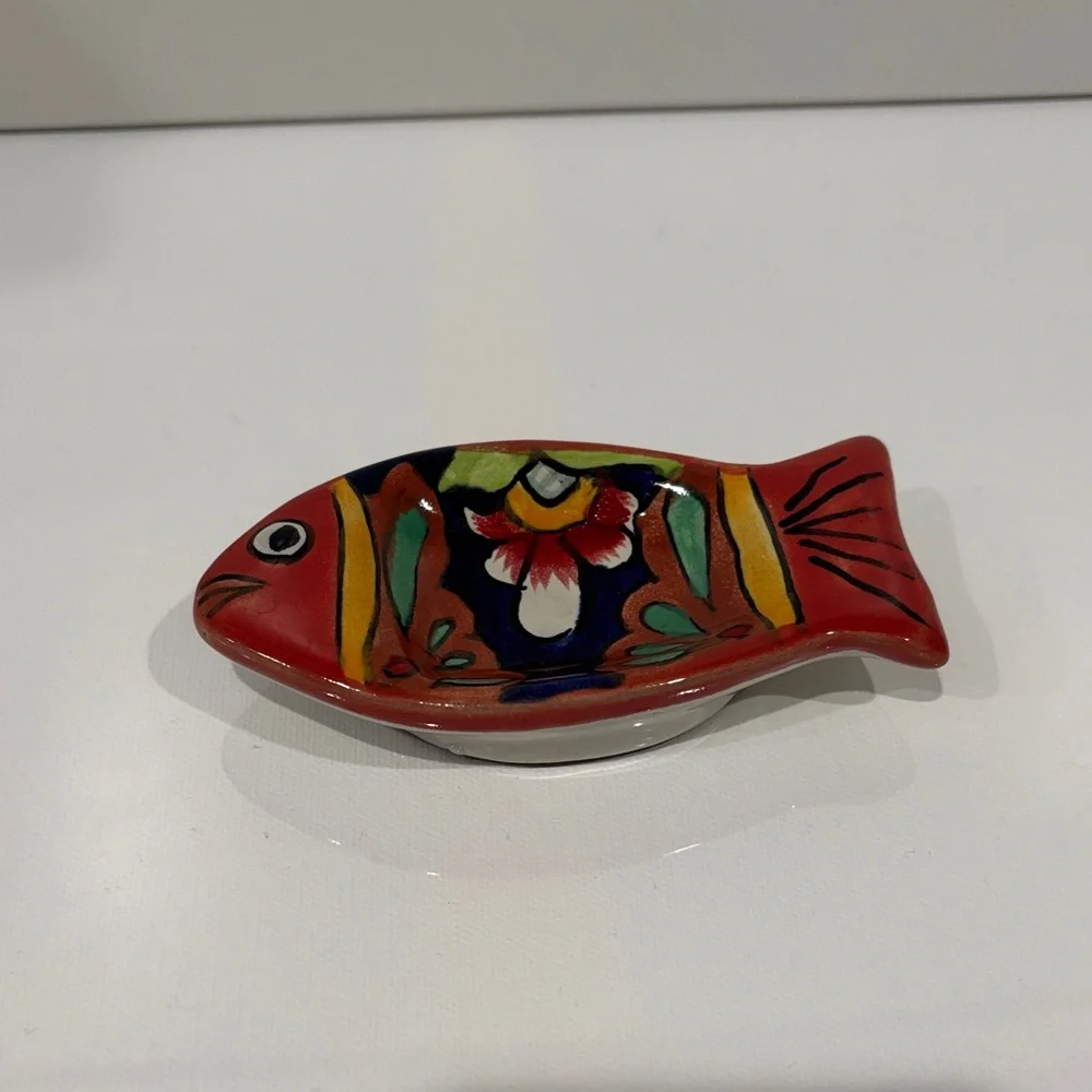 Colorful Terra Cotta Mexico made pottery Fish Trinket dish